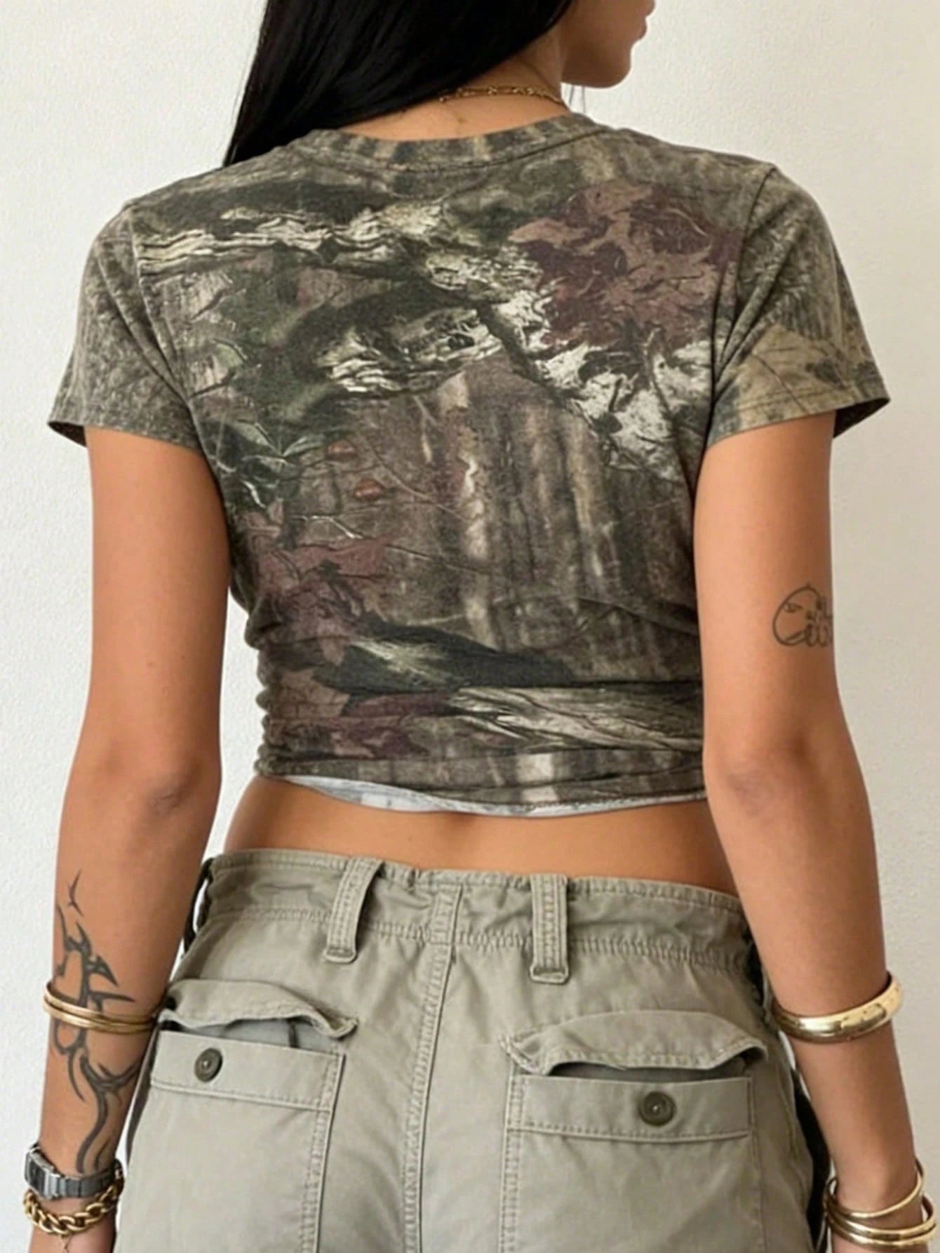 INAWLY Plus Size Women Tree Branch Print Round Neck Short Sleeve Cropped Casual T-Shirt
