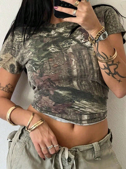 INAWLY Plus Size Women Tree Branch Print Round Neck Short Sleeve Cropped Casual T-Shirt