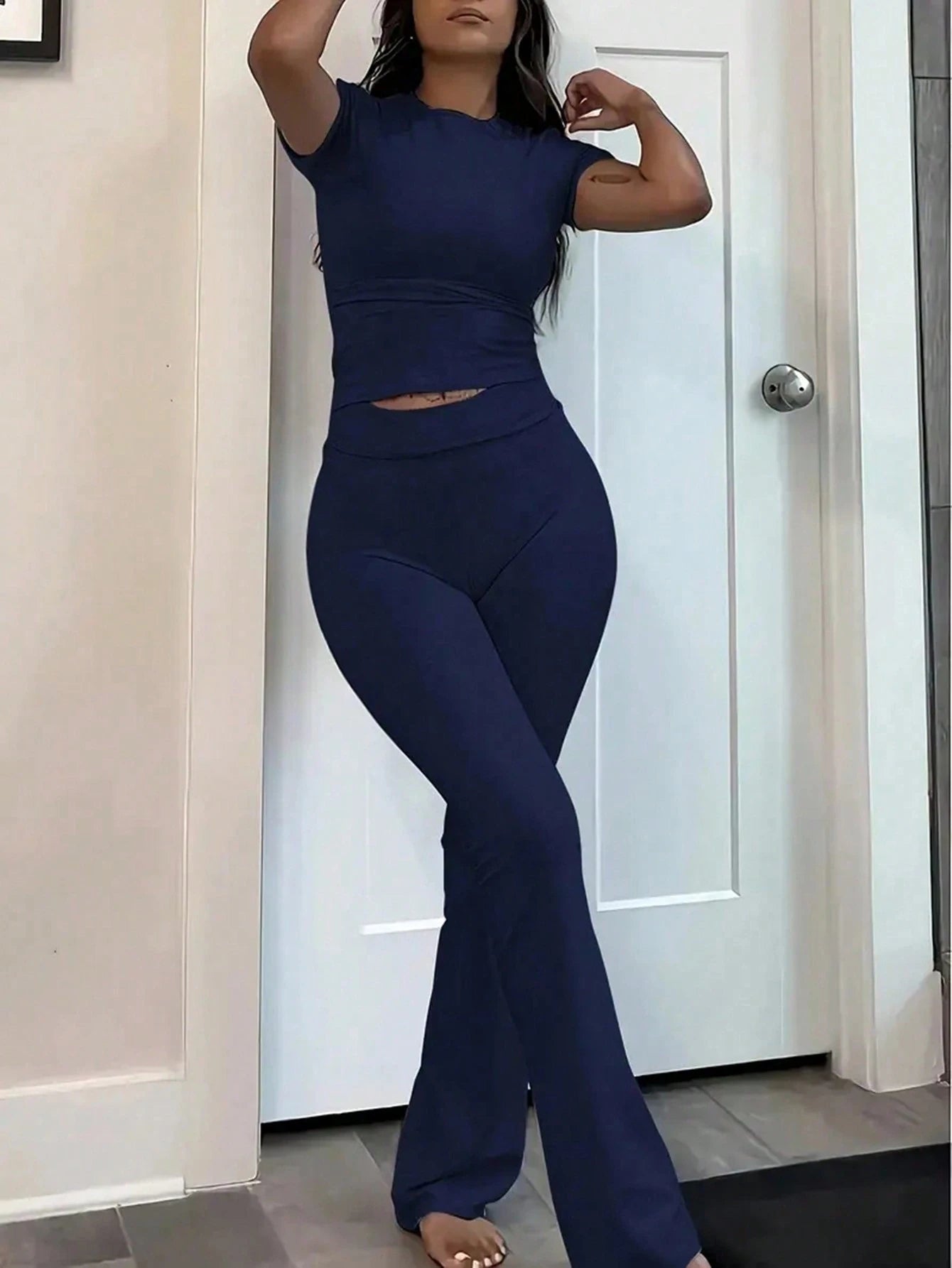 INAWLY Solva Women's Solid Color Round Neck Short Sleeve T-Shirt And Flare Pants Casual 2-Piece Set