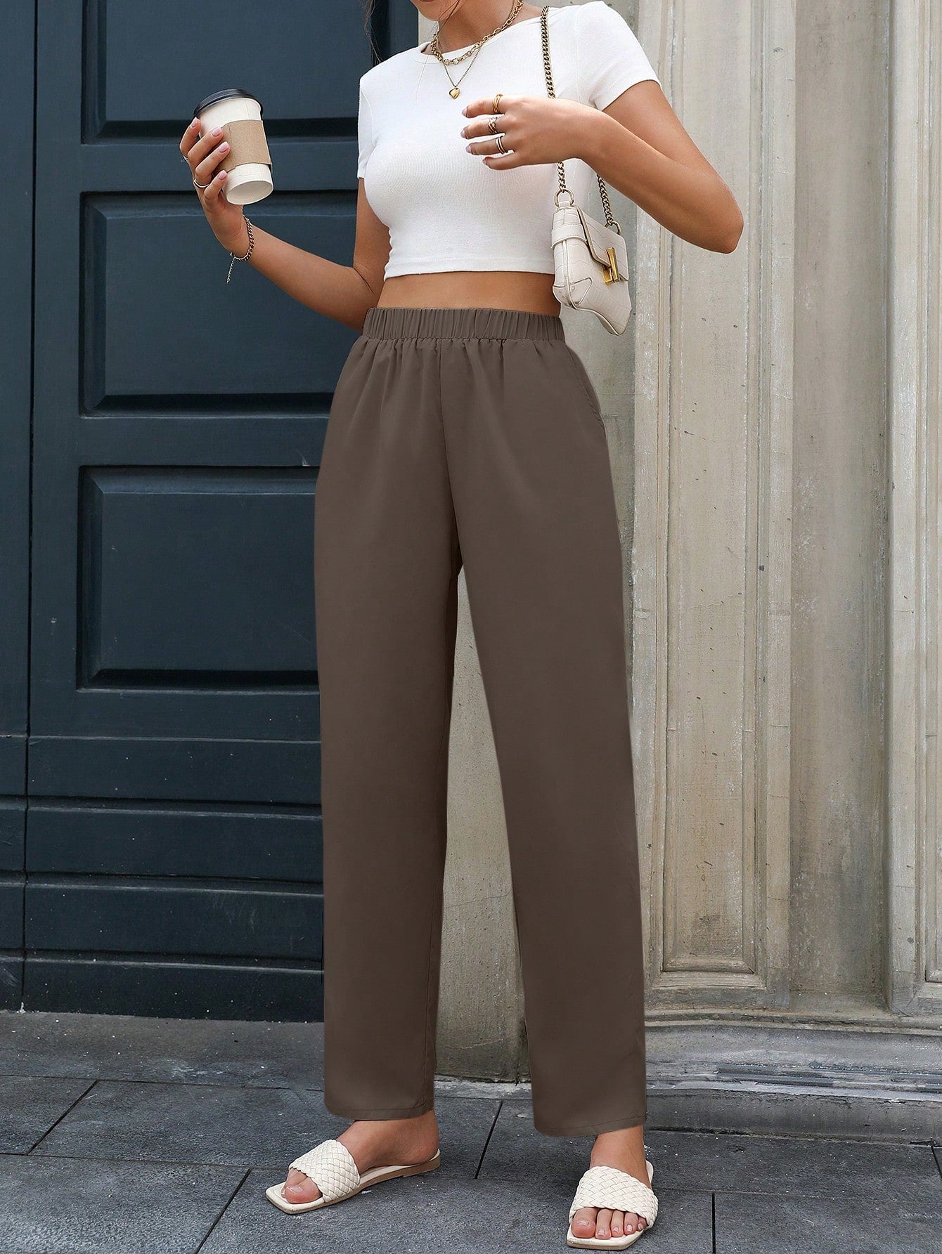 INAWLY Women's Casual, Minimalist Style, Solid Color Elastic Waistband Tapered Pants With Diagonal Pockets Pants, Autumn &Winter Fall Cloth For Women