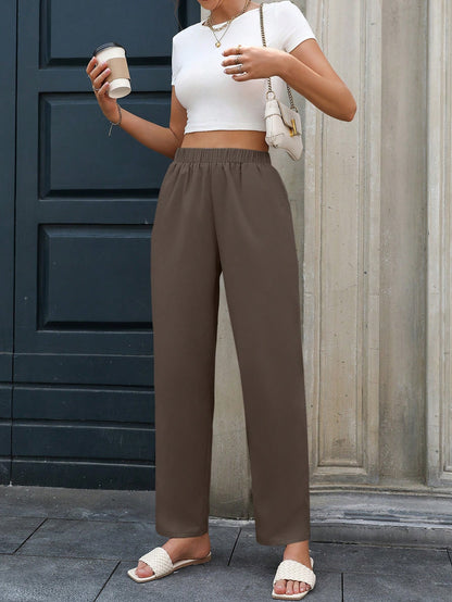 INAWLY Women's Casual, Minimalist Style, Solid Color Elastic Waistband Tapered Pants With Diagonal Pockets Pants, Autumn &Winter Fall Cloth For Women