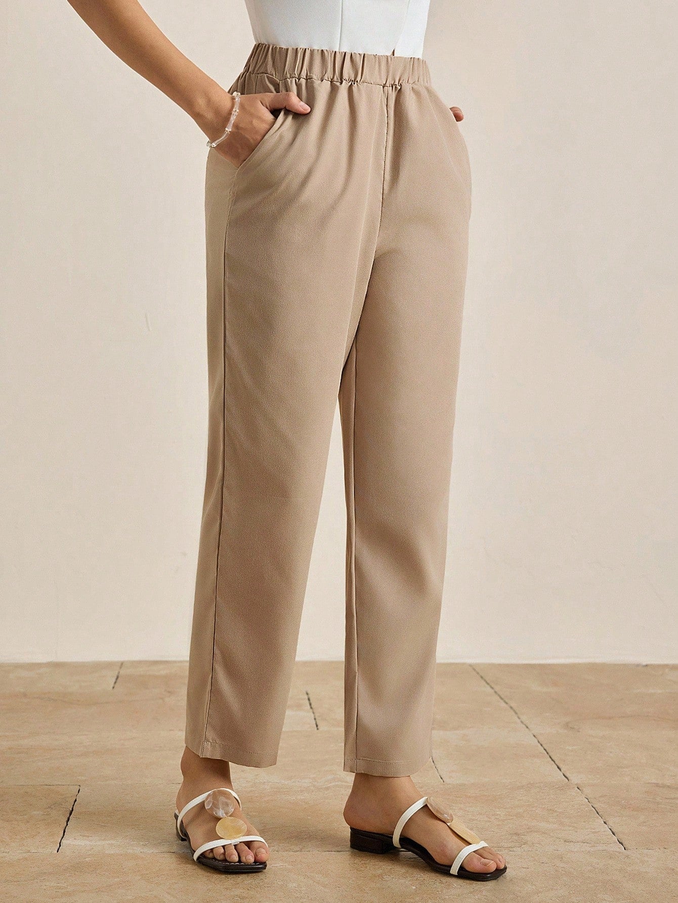INAWLY Women's Casual, Minimalist Style, Solid Color Elastic Waistband Tapered Pants With Diagonal Pockets Pants, Autumn &Winter Fall Cloth For Women