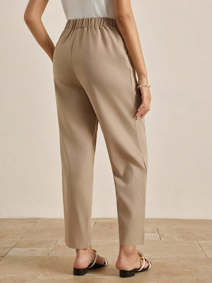 INAWLY Women's Casual, Minimalist Style, Solid Color Elastic Waistband Tapered Pants With Diagonal Pockets Pants, Autumn &Winter Fall Cloth For Women