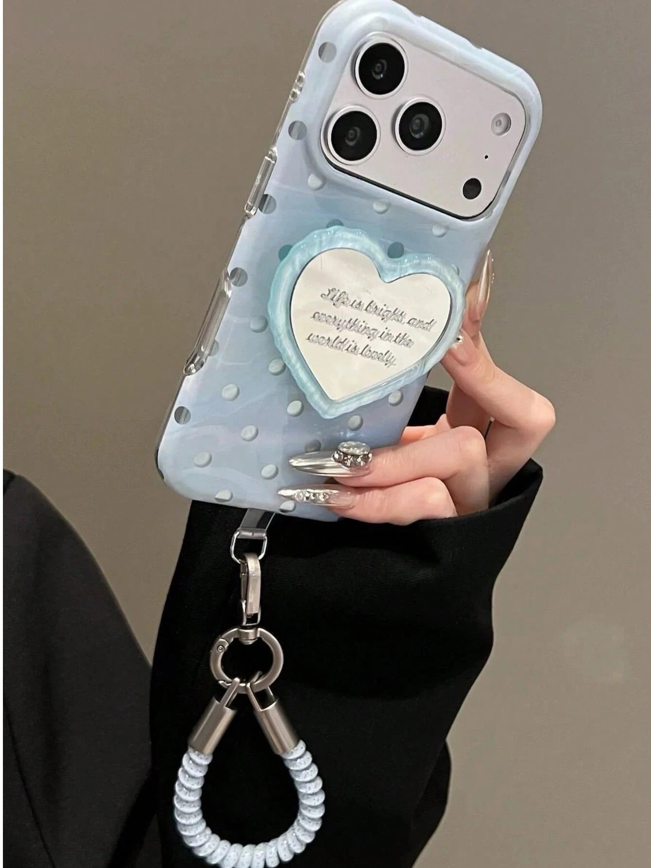 Ins Milk Blue Polka Dot Mirror Heart Phone Case Compatible With Iphone 17 Pro Max, 16, 15, 15 Pro, 16 Pro, 17 Pro, High-Quality Creative Niche Korean Style Shockproof Protective Cover