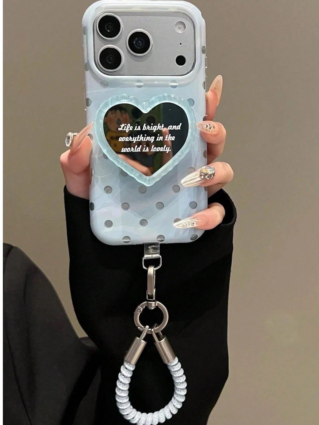 Ins Milk Blue Polka Dot Mirror Heart Phone Case Compatible With Iphone 17 Pro Max, 16, 15, 15 Pro, 16 Pro, 17 Pro, High-Quality Creative Niche Korean Style Shockproof Protective Cover