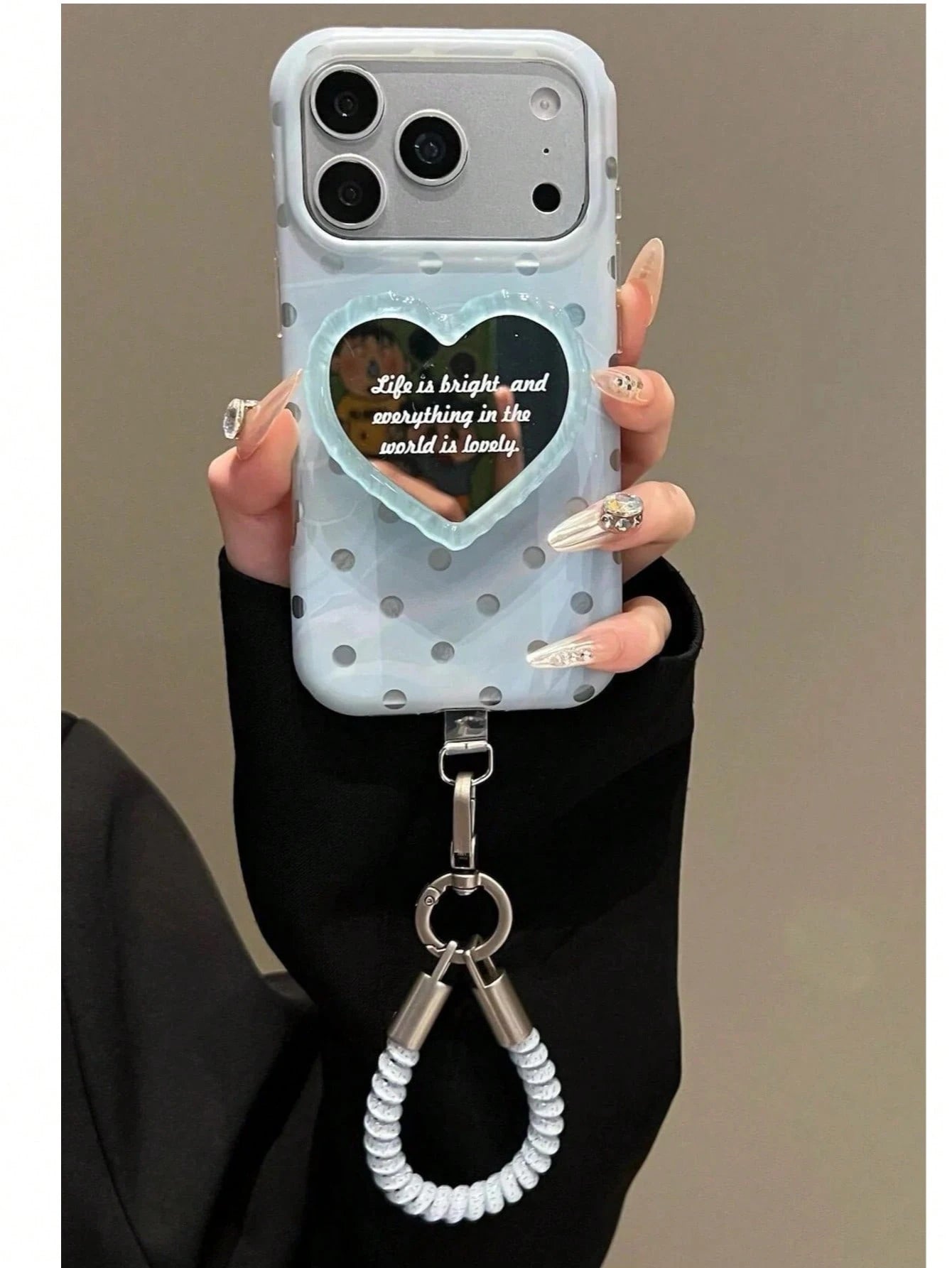 Ins Milk Blue Polka Dot Mirror Heart Phone Case Compatible With Iphone 17 Pro Max, 16, 15, 15 Pro, 16 Pro, 17 Pro, High-Quality Creative Niche Korean Style Shockproof Protective Cover