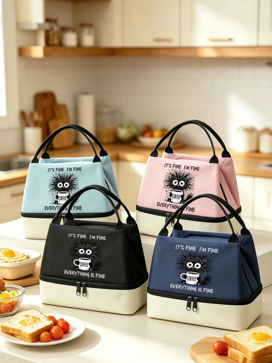 Insulated Lunch Bag With "Everything Is Fine" Pattern, Coffee Cup Design, Fun For Coffee Lovers, Includes Black Utensil Storage Bag, Unisex Double-Layer Leak-Proof Thermal Lunch Bag/Bento Bag/Handbag