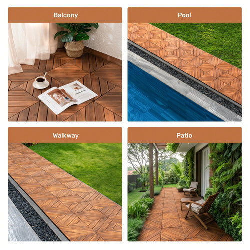 Interlocking Deck Tiles Diagonal Pattern, 12" X 12" Acacia Wood Tiles For Patio, Waterproof, All-Weather, Outdoor Decking For Garden, Pool, Balcony