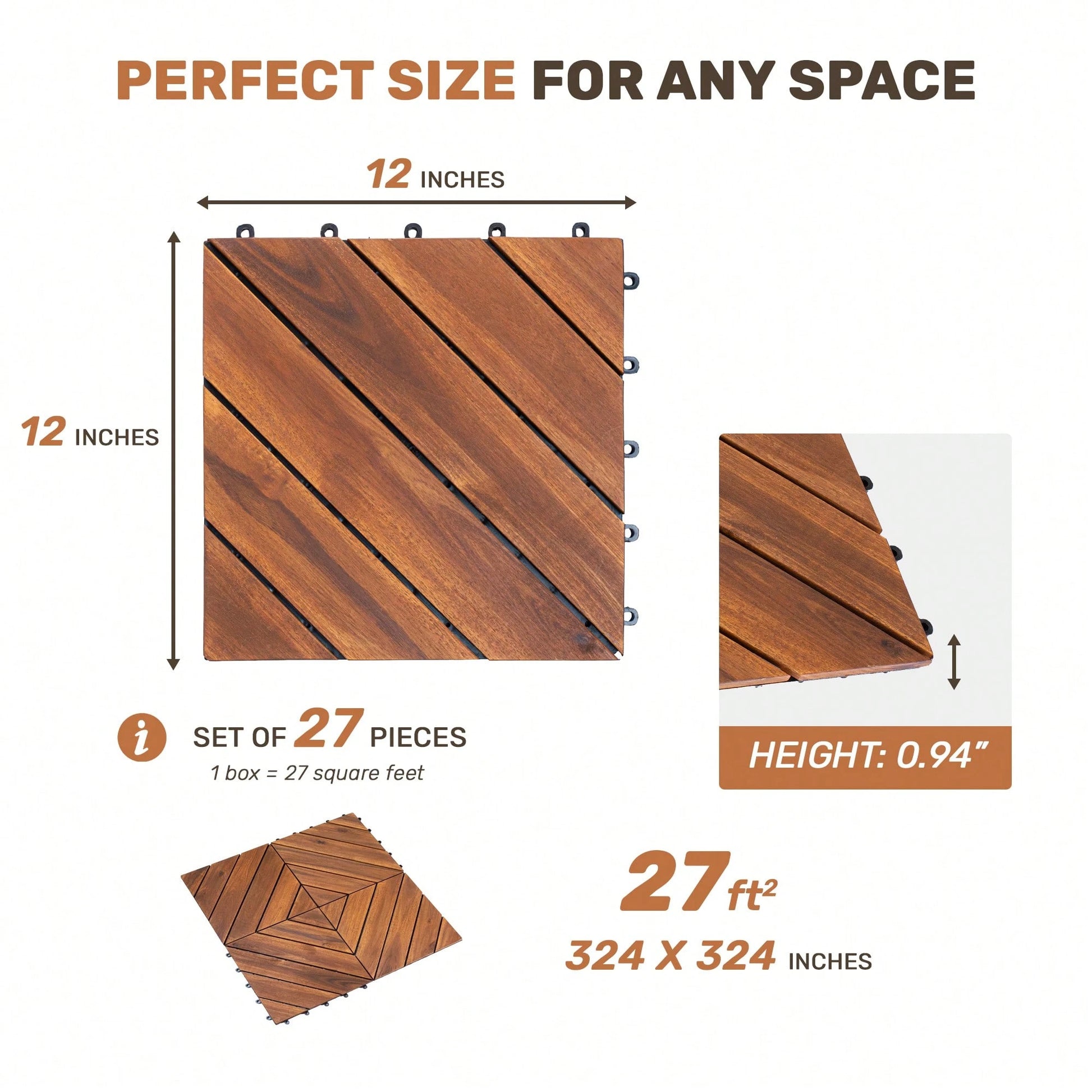 Interlocking Deck Tiles Diagonal Pattern, 12" X 12" Acacia Wood Tiles For Patio, Waterproof, All-Weather, Outdoor Decking For Garden, Pool, Balcony