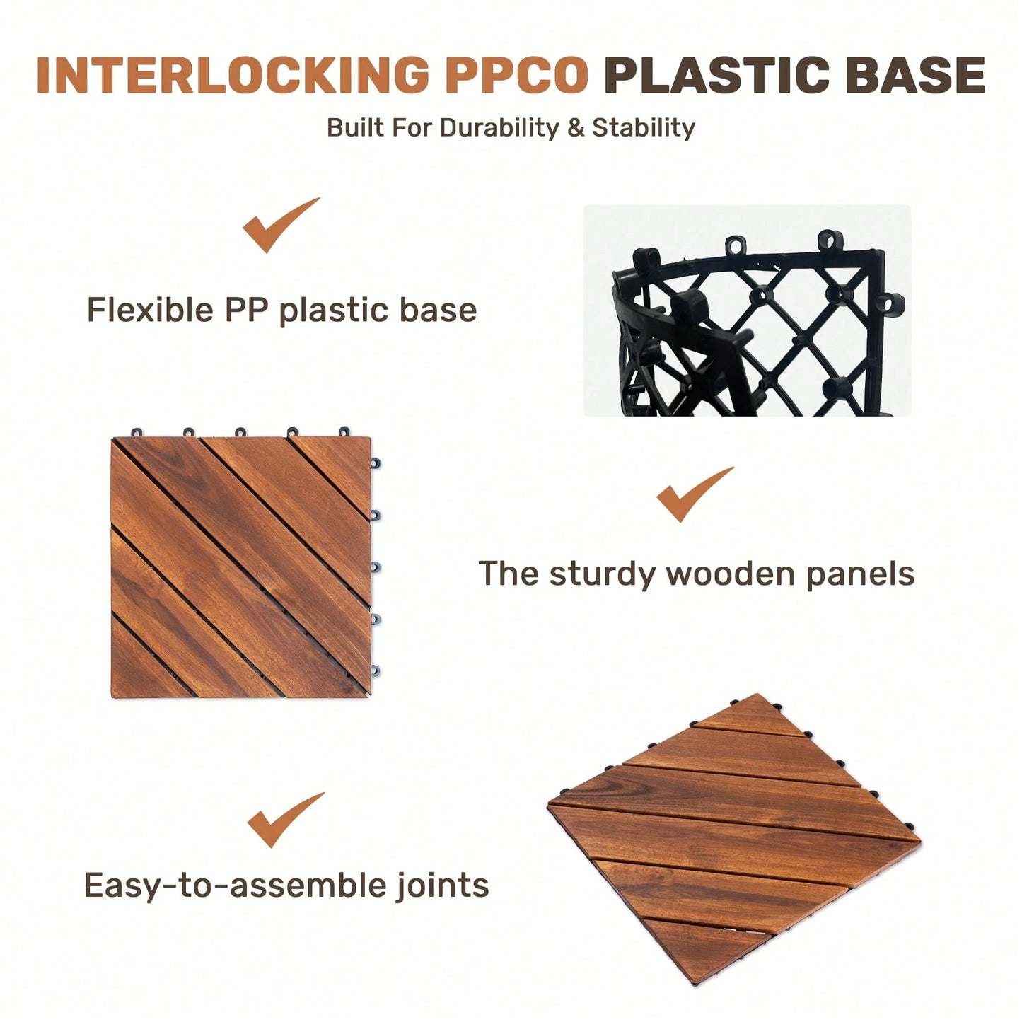 Interlocking Deck Tiles Diagonal Pattern, 12" X 12" Acacia Wood Tiles For Patio, Waterproof, All-Weather, Outdoor Decking For Garden, Pool, Balcony