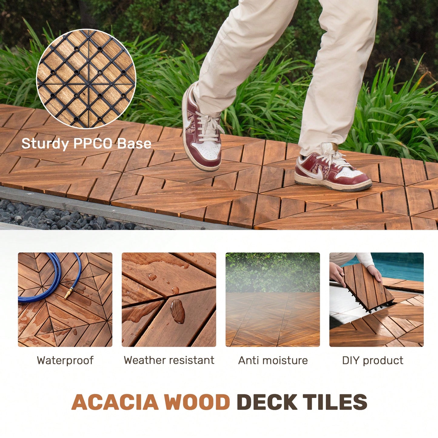 Interlocking Deck Tiles Diagonal Pattern, 12" X 12" Acacia Wood Tiles For Patio, Waterproof, All-Weather, Outdoor Decking For Garden, Pool, Balcony