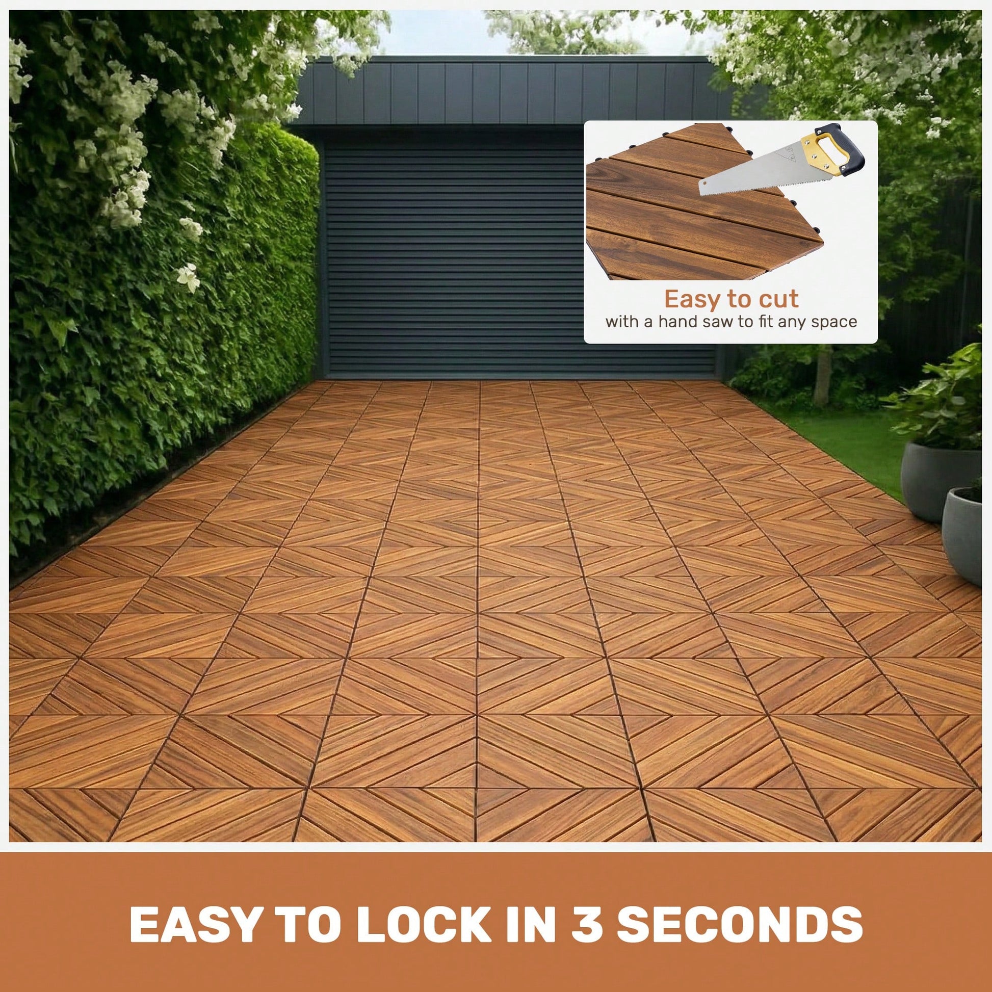 Interlocking Deck Tiles Diagonal Pattern, 12" X 12" Acacia Wood Tiles For Patio, Waterproof, All-Weather, Outdoor Decking For Garden, Pool, Balcony