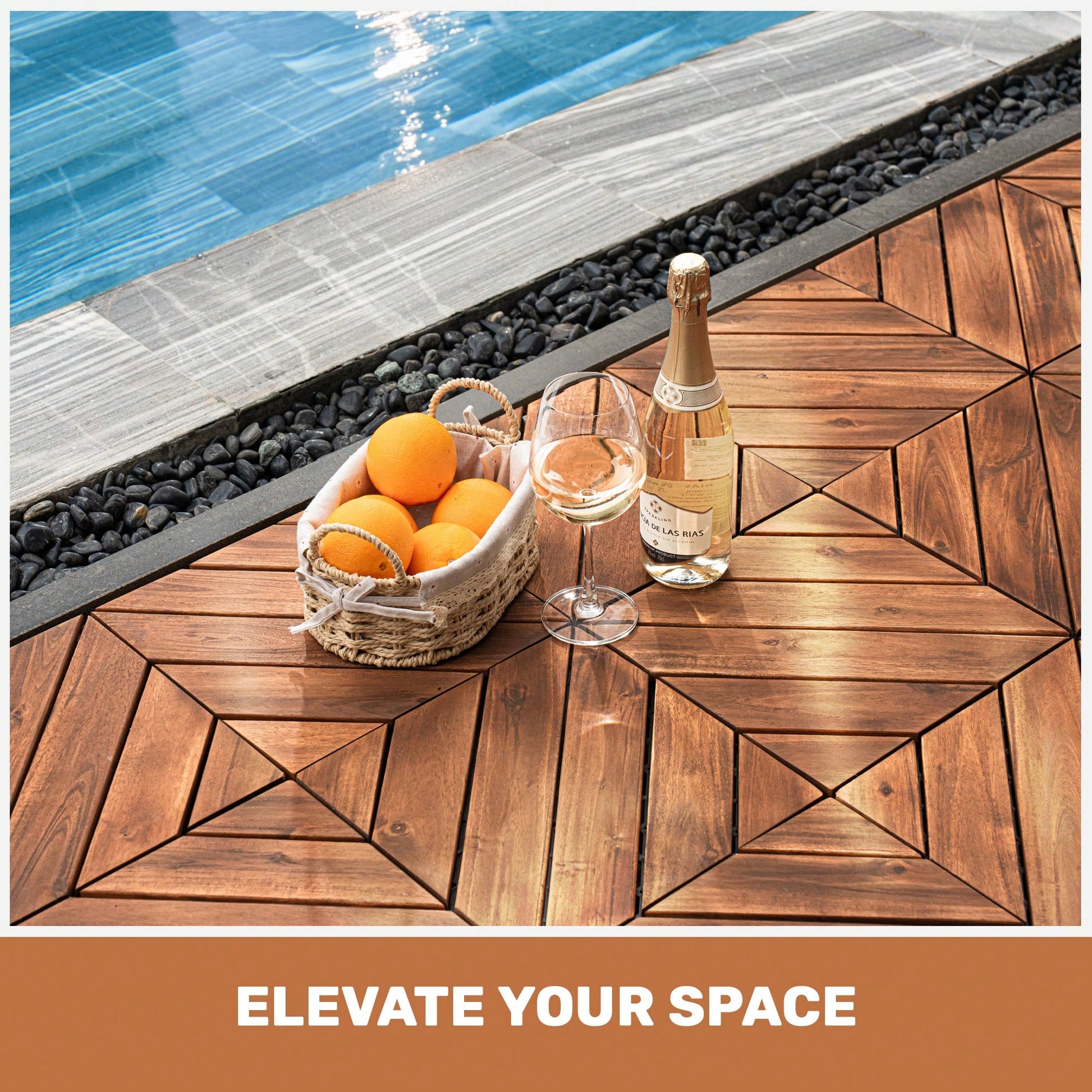 Interlocking Deck Tiles Diagonal Pattern, 12" X 12" Acacia Wood Tiles For Patio, Waterproof, All-Weather, Outdoor Decking For Garden, Pool, Balcony