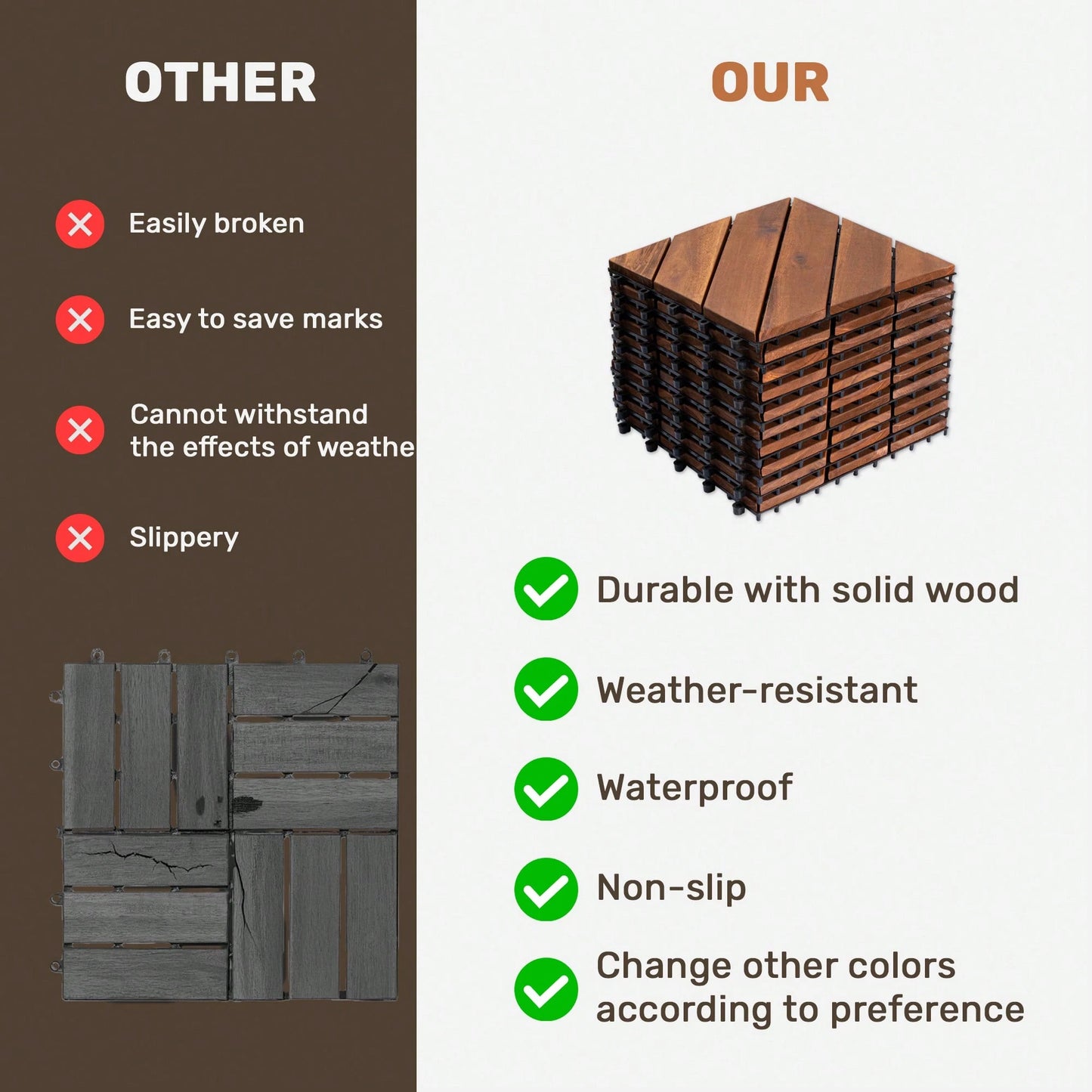 Interlocking Deck Tiles Diagonal Pattern, 12" X 12" Acacia Wood Tiles For Patio, Waterproof, All-Weather, Outdoor Decking For Garden, Pool, Balcony