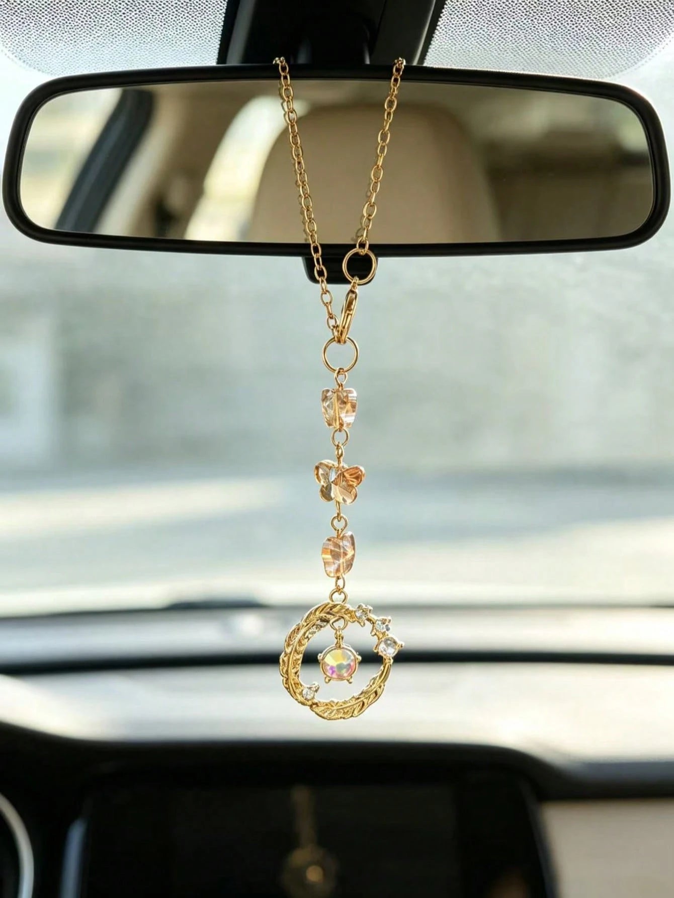 Iridescent Crystal Butterfly Car Rearview Mirror Hanging Ornament, Vintage Silver Carved Round Ring Car Interior Pendant, Ethereal Luxury Car Rearview Mirror Charm