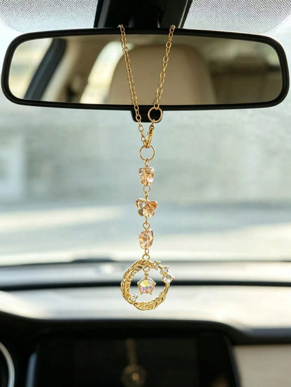 Iridescent Crystal Butterfly Car Rearview Mirror Hanging Ornament, Vintage Silver Carved Round Ring Car Interior Pendant, Ethereal Luxury Car Rearview Mirror Charm