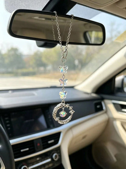 Iridescent Crystal Butterfly Car Rearview Mirror Hanging Ornament, Vintage Silver Carved Round Ring Car Interior Pendant, Ethereal Luxury Car Rearview Mirror Charm