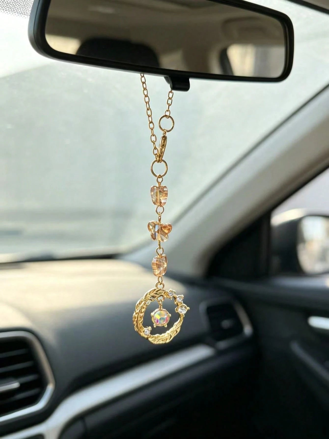 Iridescent Crystal Butterfly Car Rearview Mirror Hanging Ornament, Vintage Silver Carved Round Ring Car Interior Pendant, Ethereal Luxury Car Rearview Mirror Charm