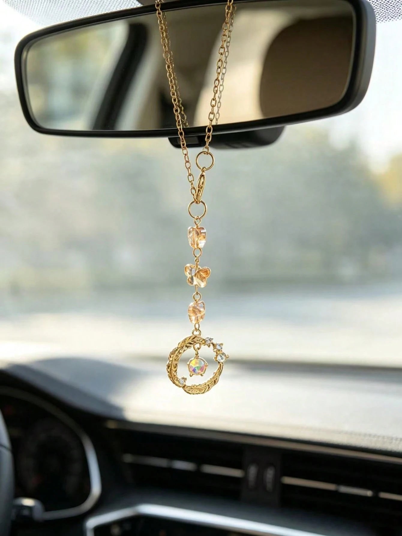 Iridescent Crystal Butterfly Car Rearview Mirror Hanging Ornament, Vintage Silver Carved Round Ring Car Interior Pendant, Ethereal Luxury Car Rearview Mirror Charm