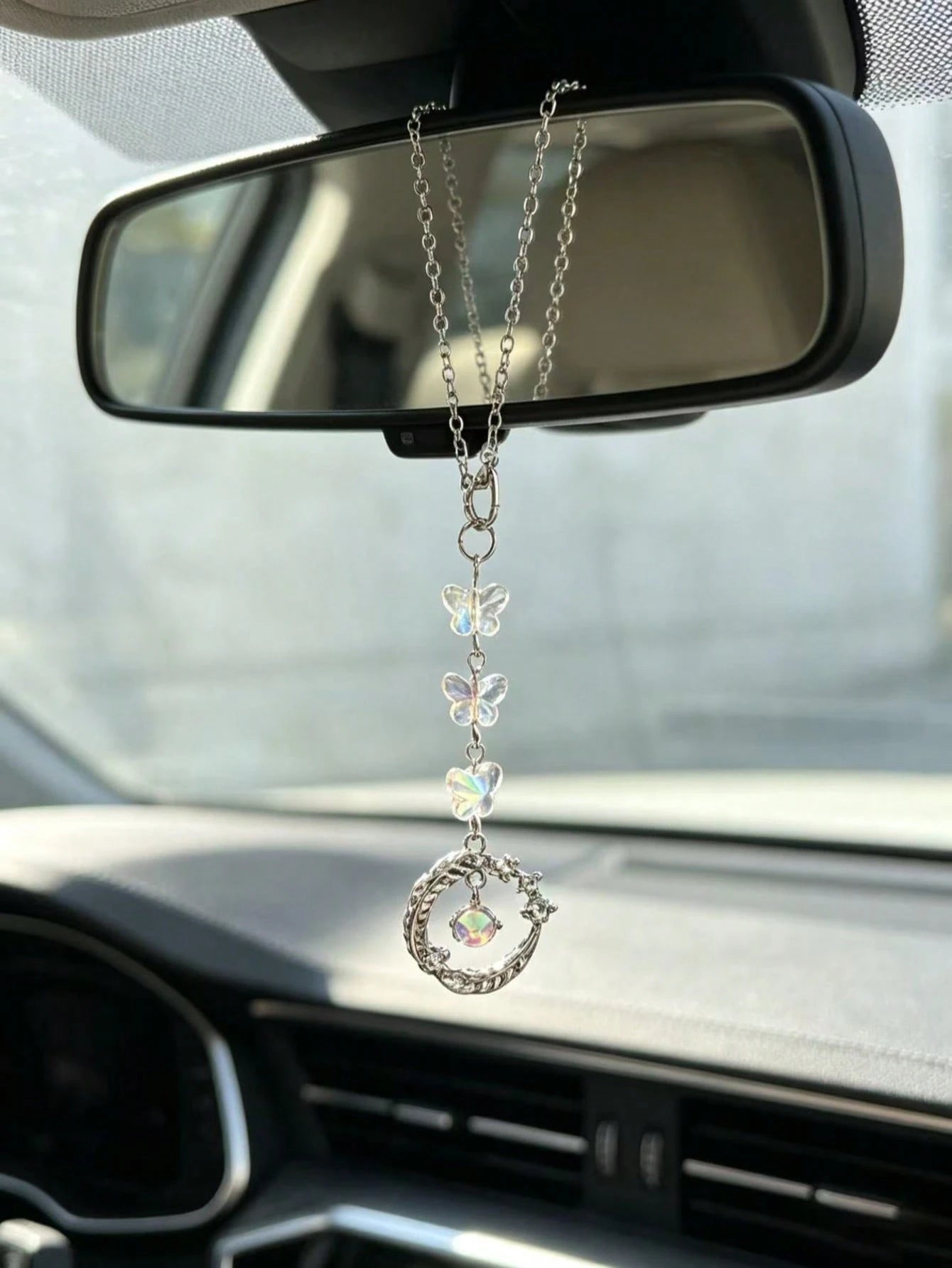 Iridescent Crystal Butterfly Car Rearview Mirror Hanging Ornament, Vintage Silver Carved Round Ring Car Interior Pendant, Ethereal Luxury Car Rearview Mirror Charm