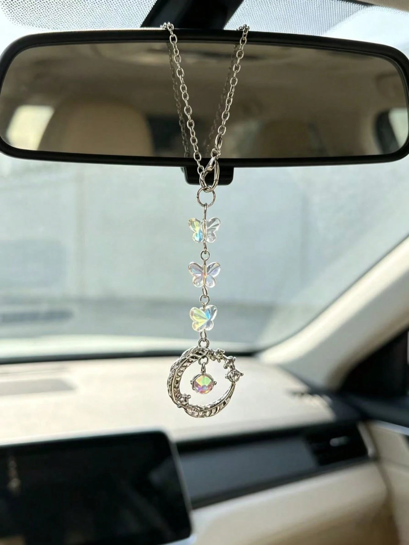 Iridescent Crystal Butterfly Car Rearview Mirror Hanging Ornament, Vintage Silver Carved Round Ring Car Interior Pendant, Ethereal Luxury Car Rearview Mirror Charm