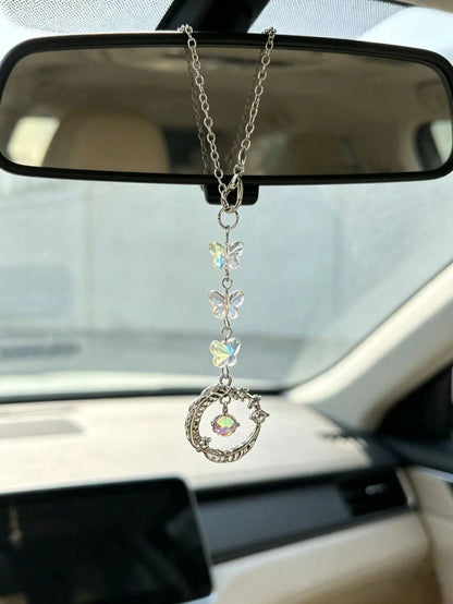 Iridescent Crystal Butterfly Car Rearview Mirror Hanging Ornament, Vintage Silver Carved Round Ring Car Interior Pendant, Ethereal Luxury Car Rearview Mirror Charm