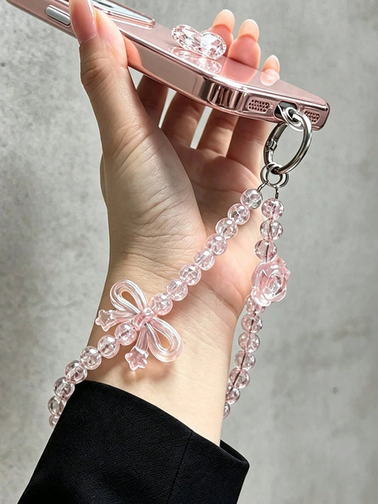 Iridescent Transparent Pink Crackle Beaded Phone Wrist Strap, 3D Bowknot & Rose Decor Sweet Girly Anti-Lost Hand Phone Chain, Dual-Use Portable Cute Pendant For Bracelet, Bag & Key Fashion Accessory