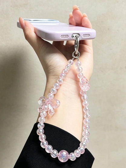 Iridescent Transparent Pink Crackle Beaded Phone Wrist Strap, 3D Bowknot & Rose Decor Sweet Girly Anti-Lost Hand Phone Chain, Dual-Use Portable Cute Pendant For Bracelet, Bag & Key Fashion Accessory