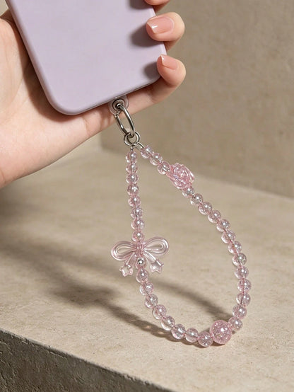 Iridescent Transparent Pink Crackle Beaded Phone Wrist Strap, 3D Bowknot & Rose Decor Sweet Girly Anti-Lost Hand Phone Chain, Dual-Use Portable Cute Pendant For Bracelet, Bag & Key Fashion Accessory