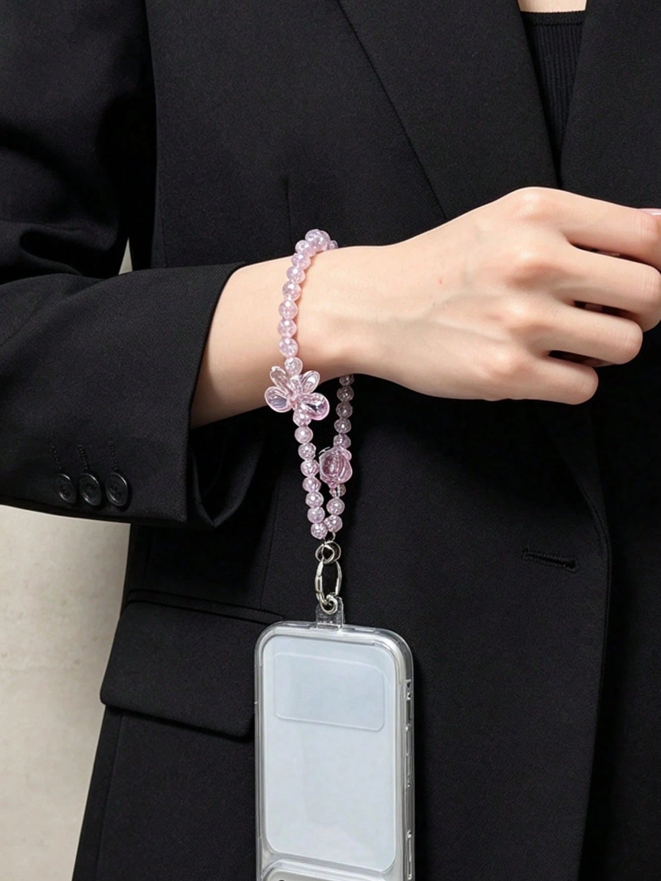 Iridescent Transparent Pink Crackle Beaded Phone Wrist Strap, 3D Bowknot & Rose Decor Sweet Girly Anti-Lost Hand Phone Chain, Dual-Use Portable Cute Pendant For Bracelet, Bag & Key Fashion Accessory