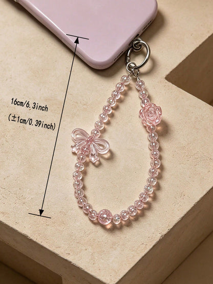 Iridescent Transparent Pink Crackle Beaded Phone Wrist Strap, 3D Bowknot & Rose Decor Sweet Girly Anti-Lost Hand Phone Chain, Dual-Use Portable Cute Pendant For Bracelet, Bag & Key Fashion Accessory