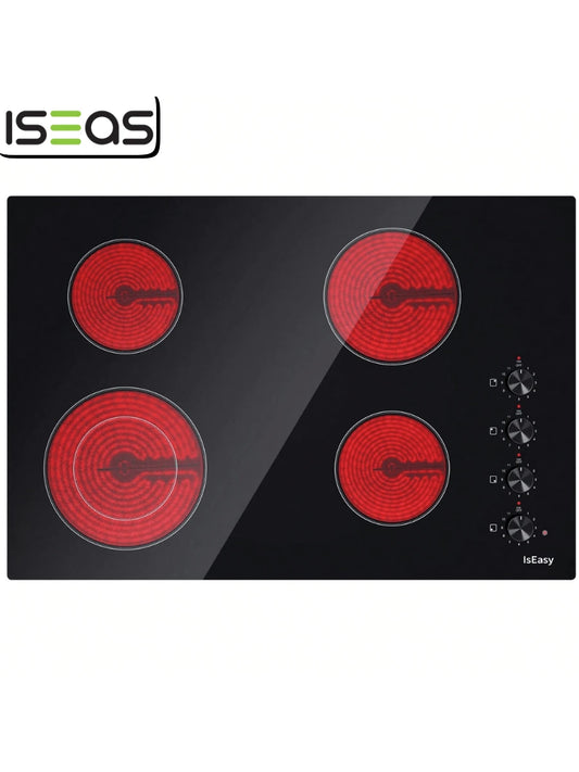 IsEasy Electric Cooktop 30 Inch Ceramic Stove 4 Burners Built-In Stove Top Electric Hot Plate Satin Glass Cooktop In Black, Control By Knob/Timer/Child Safety Lock/9 Power Levelsr/220-240V 6700W