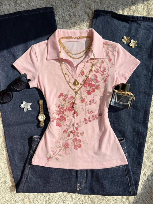 IslaSuriya Women's Floral Print Lapel Short Sleeve Casual T-Shirt