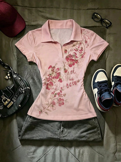 IslaSuriya Women's Floral Print Lapel Short Sleeve Casual T-Shirt