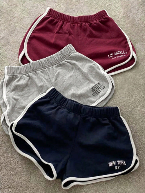 IslaSuriya Women's Letter Print Casual Contrast Color Shorts 3 Pieces Set, Comfortable Casual Everyday Shorts, Suitable For Daily Outdoor Wear