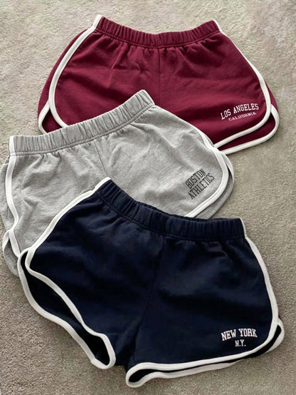 IslaSuriya Women's Letter Print Casual Contrast Color Shorts 3 Pieces Set, Comfortable Casual Everyday Shorts, Suitable For Daily Outdoor Wear