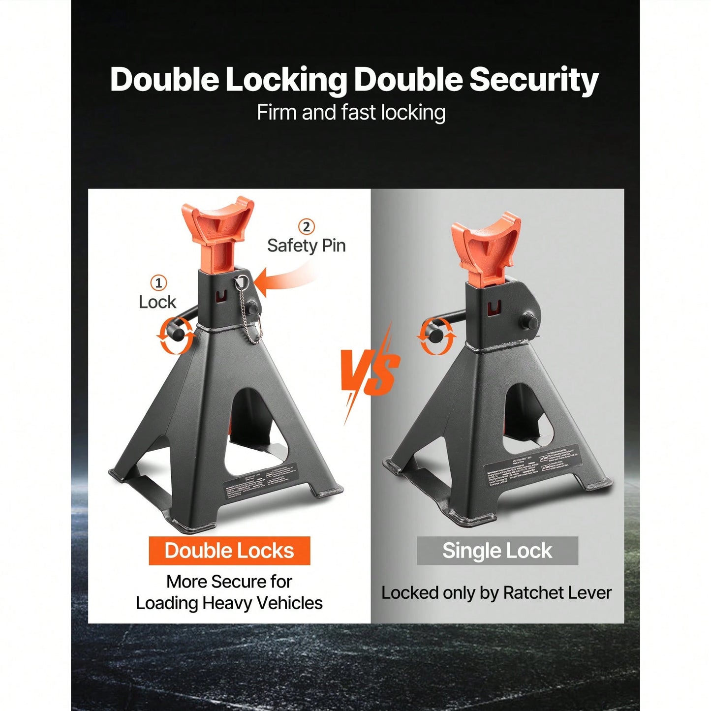 Jack Stands, 6 Ton (13,000 Lbs) Capacity, 14.6-22.8 In Adjustable Height, Heavy Duty Steel Jack Auto Stands With Double Locking, For Lifting RV, Small Truck, Car, SUV, 1 Pair, Black And Orange