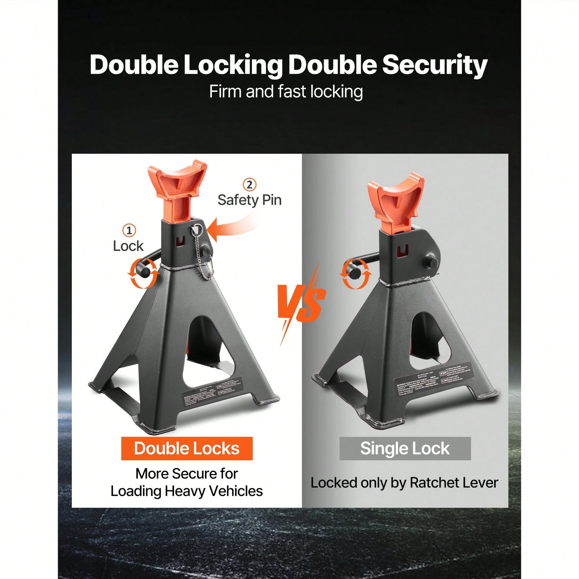 Jack Stands, 6 Ton (13,000 Lbs) Capacity, 14.6-22.8 In Adjustable Height, Heavy Duty Steel Jack Auto Stands With Double Locking, For Lifting RV, Small Truck, Car, SUV, 1 Pair, Black And Orange