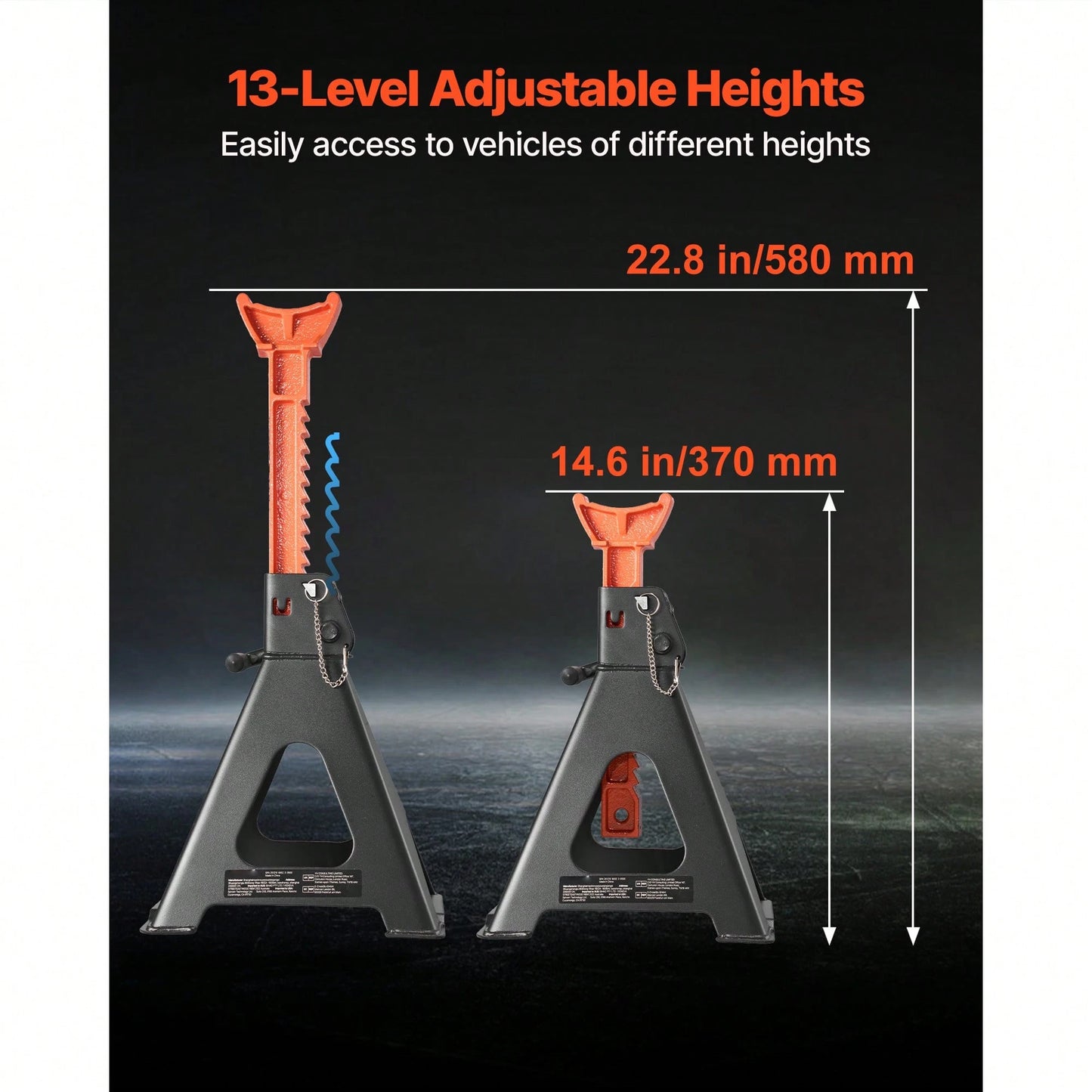 Jack Stands, 6 Ton (13,000 Lbs) Capacity, 14.6-22.8 In Adjustable Height, Heavy Duty Steel Jack Auto Stands With Double Locking, For Lifting RV, Small Truck, Car, SUV, 1 Pair, Black And Orange