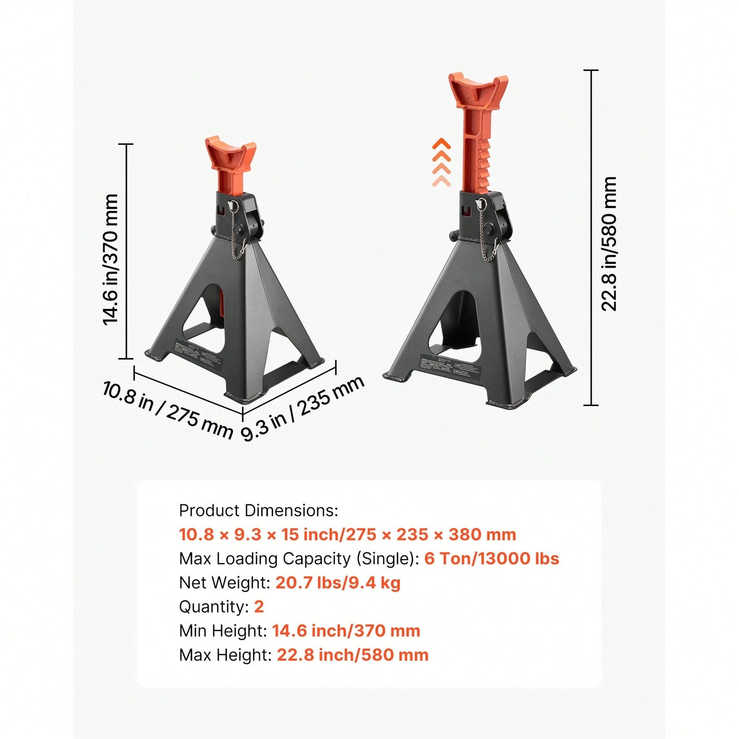 Jack Stands, 6 Ton (13,000 Lbs) Capacity, 14.6-22.8 In Adjustable Height, Heavy Duty Steel Jack Auto Stands With Double Locking, For Lifting RV, Small Truck, Car, SUV, 1 Pair, Black And Orange