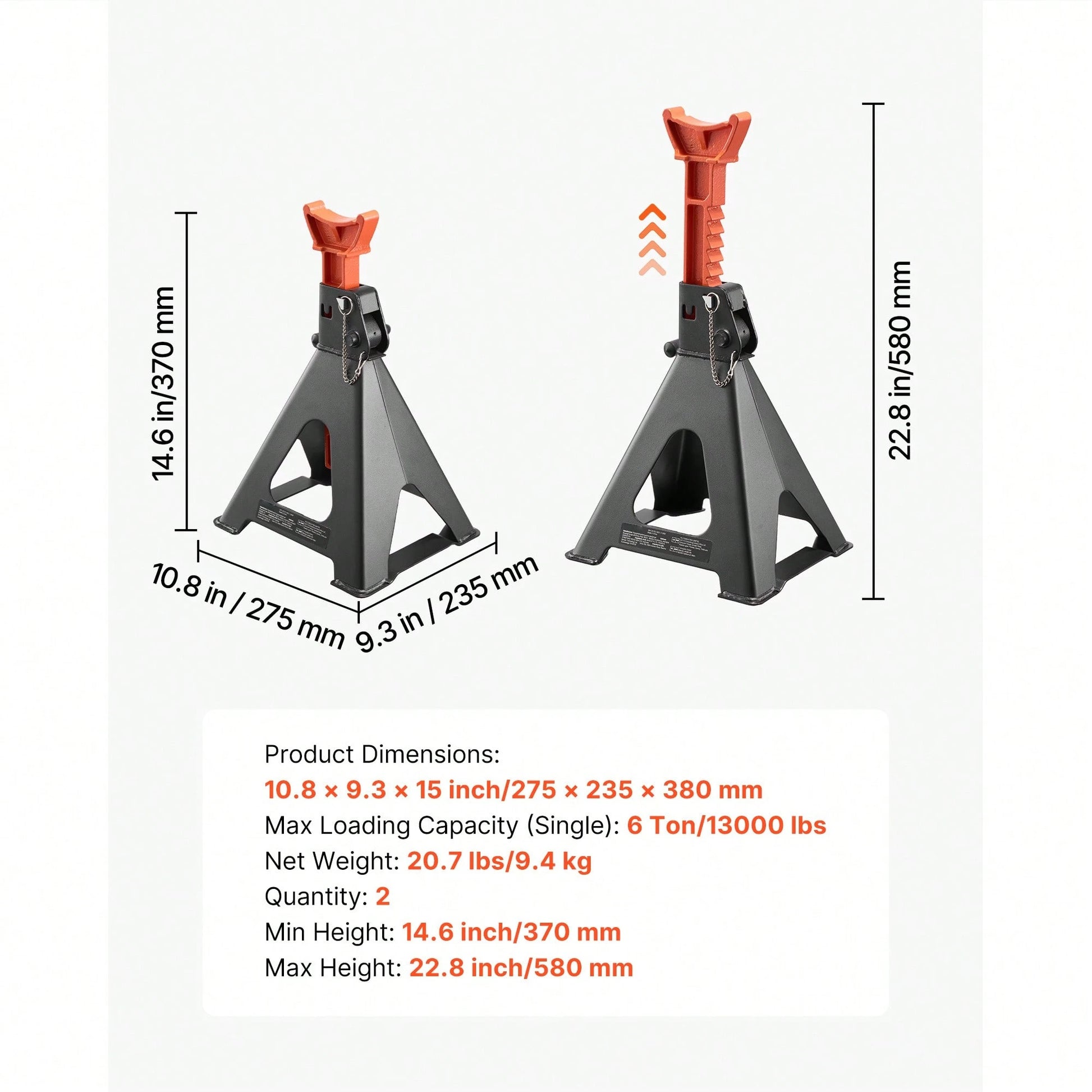 Jack Stands, 6 Ton (13,000 Lbs) Capacity, 14.6-22.8 In Adjustable Height, Heavy Duty Steel Jack Auto Stands With Double Locking, For Lifting RV, Small Truck, Car, SUV, 1 Pair, Black And Orange