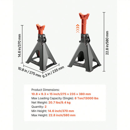Jack Stands, 6 Ton (13,000 Lbs) Capacity, 14.6-22.8 In Adjustable Height, Heavy Duty Steel Jack Auto Stands With Double Locking, For Lifting RV, Small Truck, Car, SUV, 1 Pair, Black And Orange