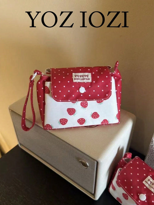 Japanese & Korean Style Niche Double Layer Cute Strawberry Polka Dot Card Holder Coin Purse Small Pouch Fresh Portable Storage Bag High Aesthetic