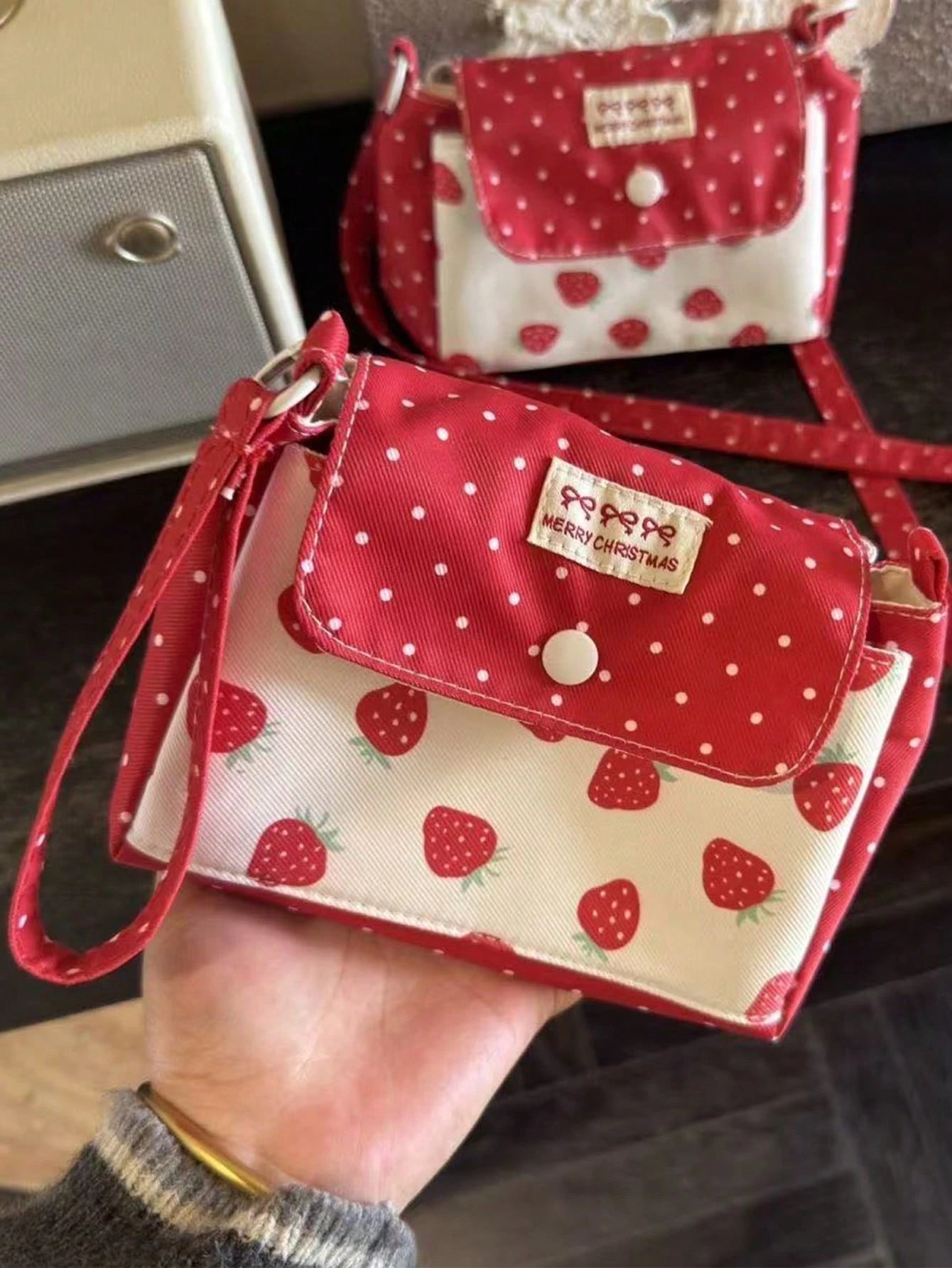 Japanese & Korean Style Niche Double Layer Cute Strawberry Polka Dot Card Holder Coin Purse Small Pouch Fresh Portable Storage Bag High Aesthetic