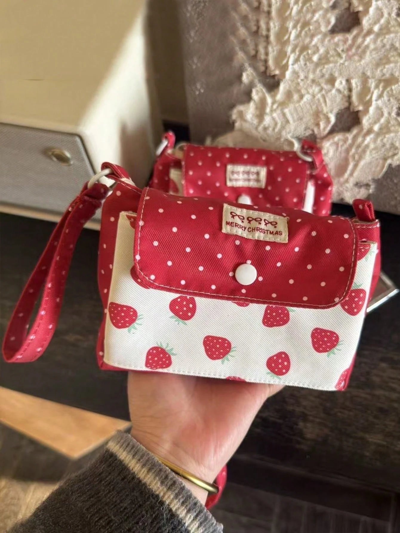 Japanese & Korean Style Niche Double Layer Cute Strawberry Polka Dot Card Holder Coin Purse Small Pouch Fresh Portable Storage Bag High Aesthetic