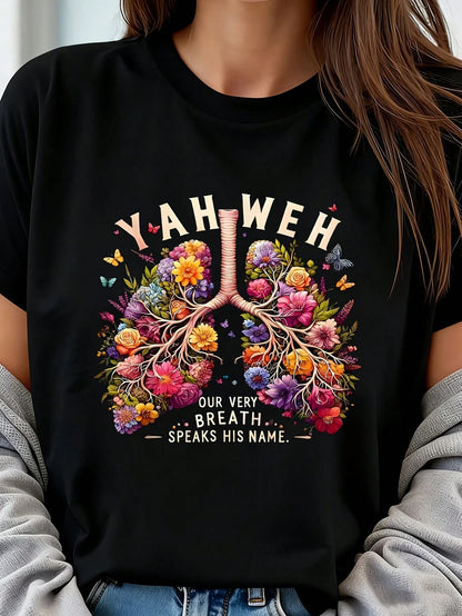 Jehovah Our Breath Says His Name Bible Tree Of Life & Lungs Design 1 Pcs Women's Plus Size T-Shirt Oversized Graphic Short 220g Sleeve Tee Novelty 100% Polyester Shirt Casual Crew Neck Top