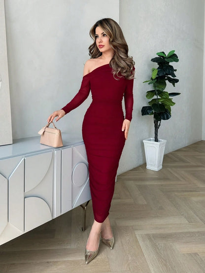 Jemour Women's Autumn Mesh Ruffle Elegant Date Night Formal Dress, Fitted Long Sleeve Mid-Length