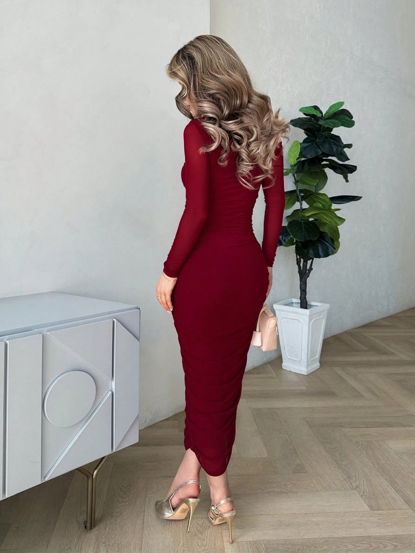 Jemour Women's Autumn Mesh Ruffle Elegant Date Night Formal Dress, Fitted Long Sleeve Mid-Length