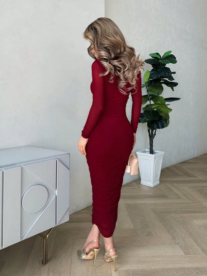 Jemour Women's Autumn Mesh Ruffle Elegant Date Night Formal Dress, Fitted Long Sleeve Mid-Length