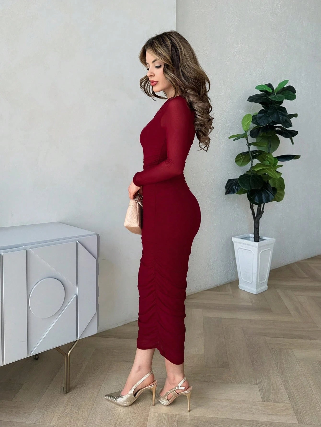 Jemour Women's Autumn Mesh Ruffle Elegant Date Night Formal Dress, Fitted Long Sleeve Mid-Length